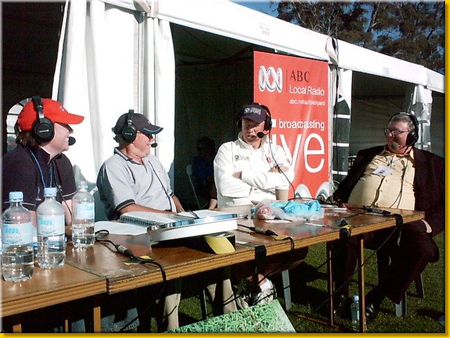 Cricket Kerry O'Keefe and Mark being interviewed ABC Grandstand Radio 2005.JPG
